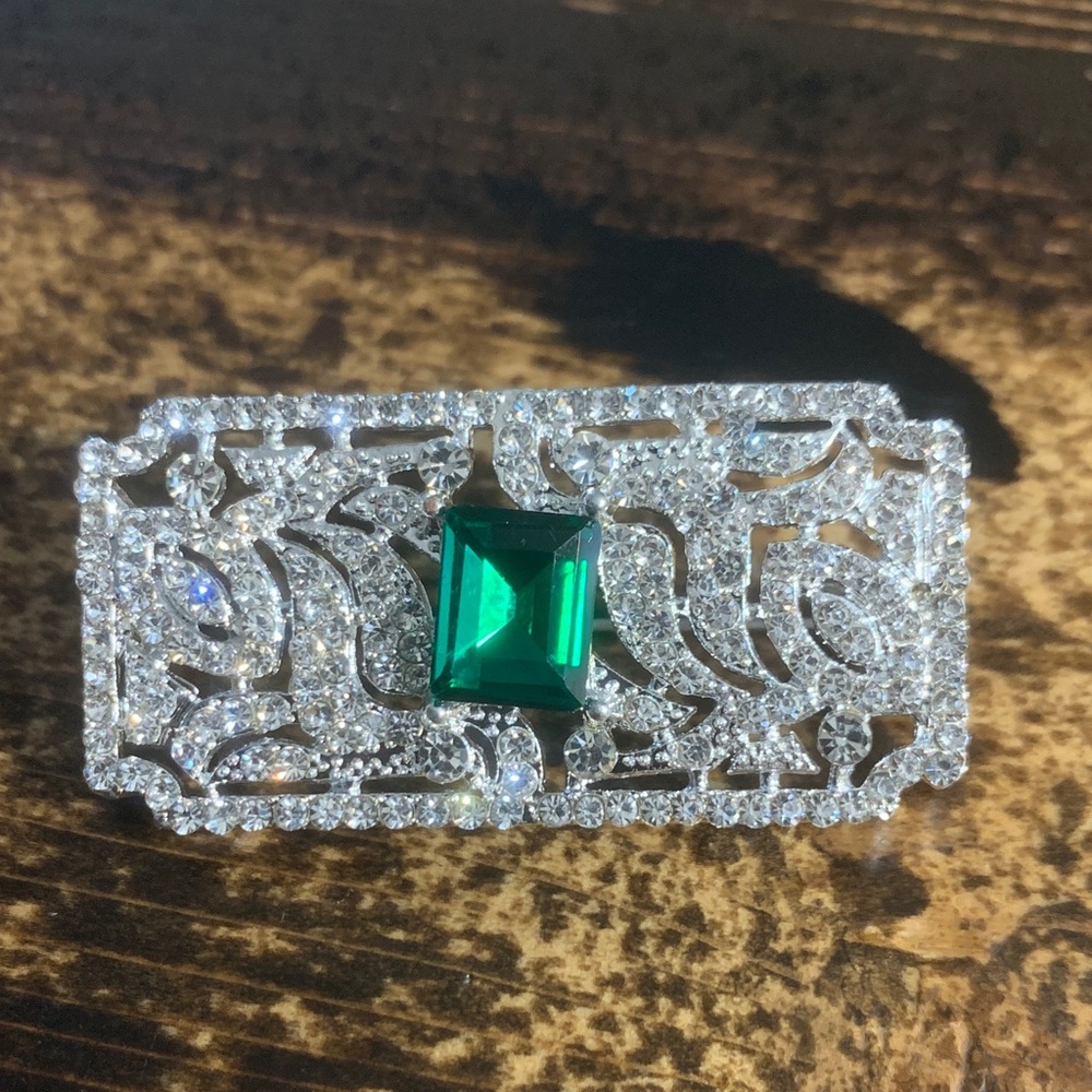Art Deco style Silver and Green Gemstone Brooch